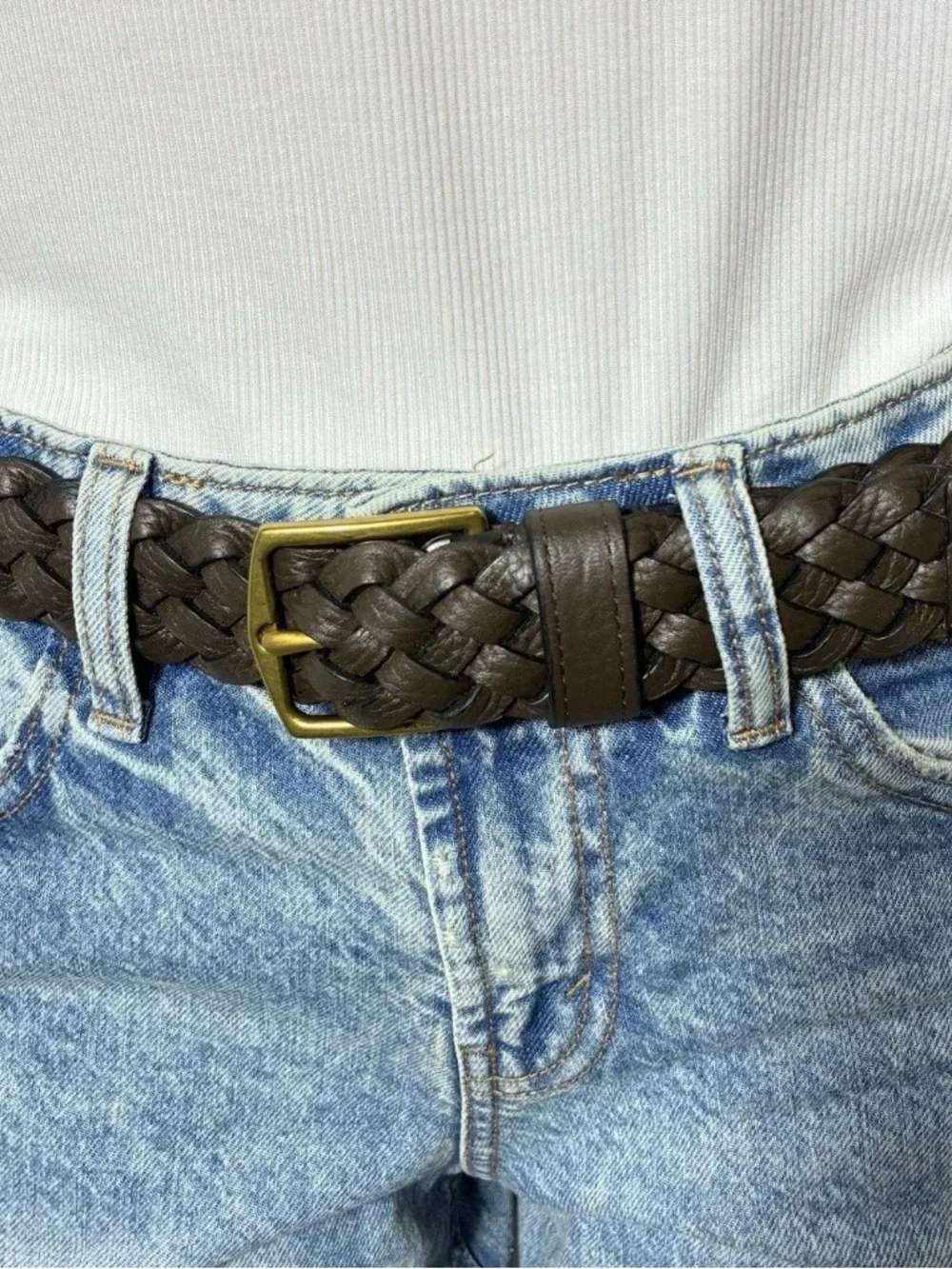 Michael Kors Womens belt Braided Leather Dark Brown Antique Gold Buckle Logo